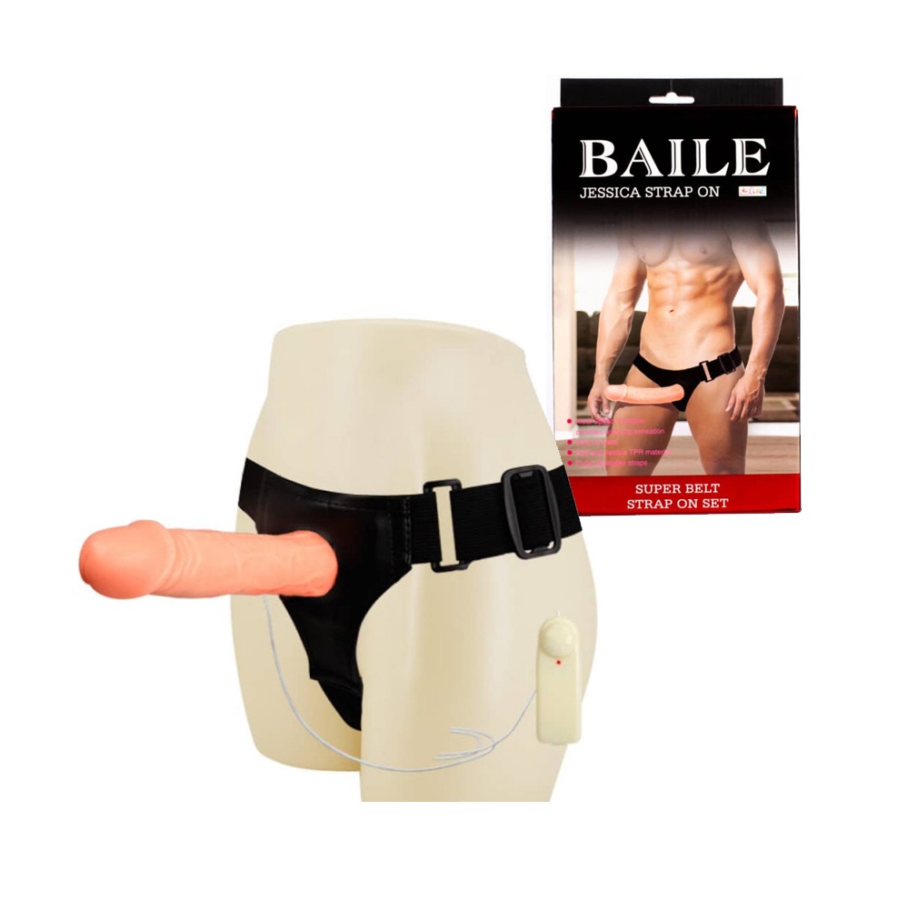 11045-ultra-passionate-harness-with-multi-speed-vibration-pvc-material-2aa-batteries-Lybaile Вибриращ страпон с кухо дилдо, регулируем, 17см. - Baile Jessica Strap-on - Image 1