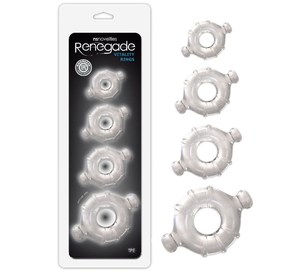Комплект от 4 уникални пенис пръстена - Renegade Vitality Rings Clear Комплект от 4 уникални пенис пръстена - Renegade Vitality Rings Clear