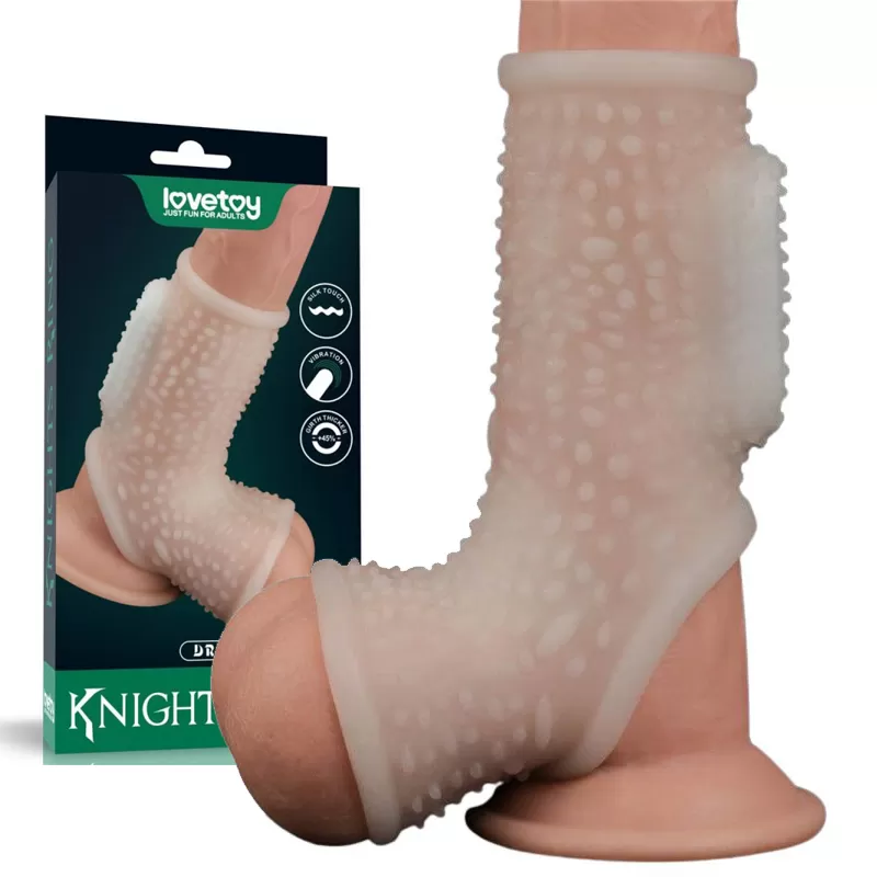 vibrating-silk-knights-ring-with-scrotum-sleeve-white-3-09 Вибриращ пенис ръкав с отвор за тестиси, капки - Drip Knights Ring - Image 1