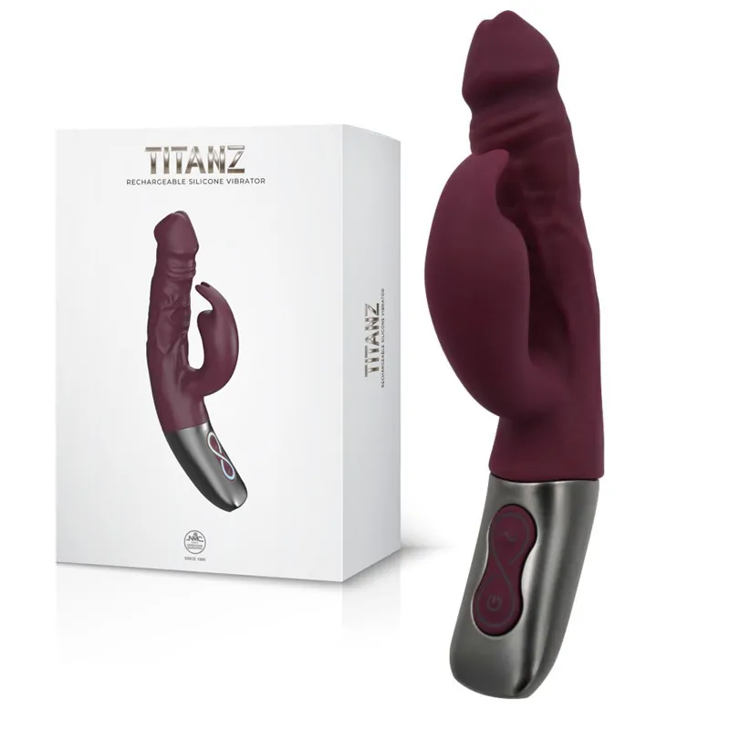 TITANZ-7-SILICONE-RECHARGEABLE-VIBRATOR-IN-RUBINE-RED-029 Вибратор тип заек, въртящи се перли, 17,7см. - Titanz Vibrator Rubine - Image 1